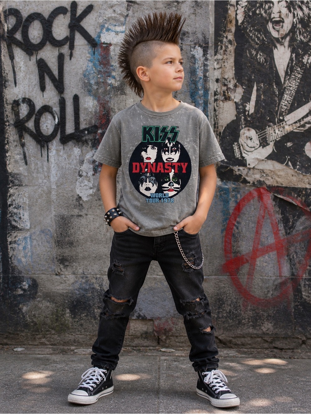 KISS Dynasty World Tour 1978 Bleach Splatter Tee Kids Size 6 Rocker Band Shirt